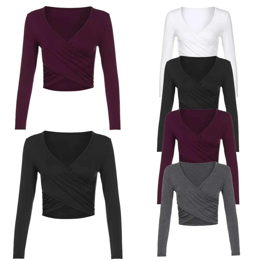 

Womail Women top t-shirt Fashion Casual Deep V Neck Long Sleeve Cross Wrap Slim Fit Casual Crop Tops T-Shirt 2019 dropship f5