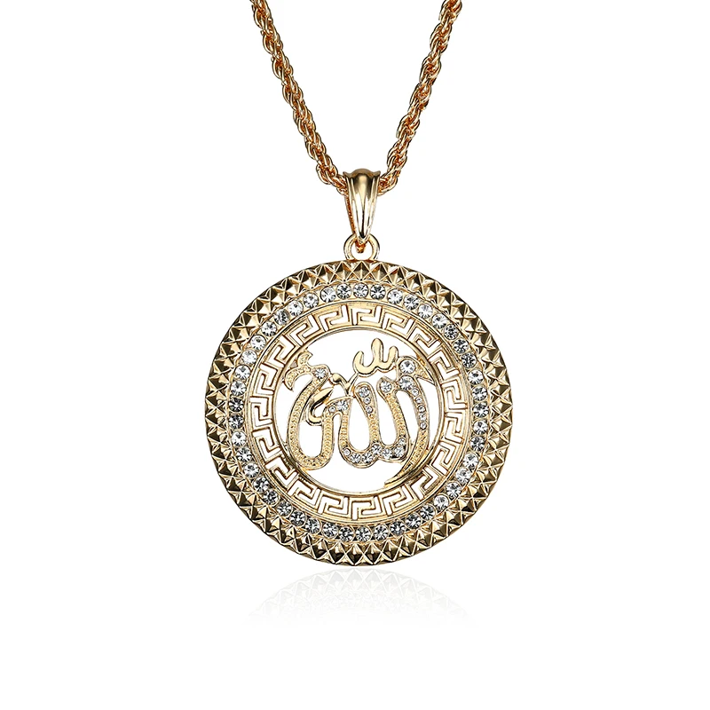 New Punk Geometric Round Waterdrop Heart Allah Necklaces Pendant For Women Men Crystal Long Necklace Arab Muslim Islam Jewelry