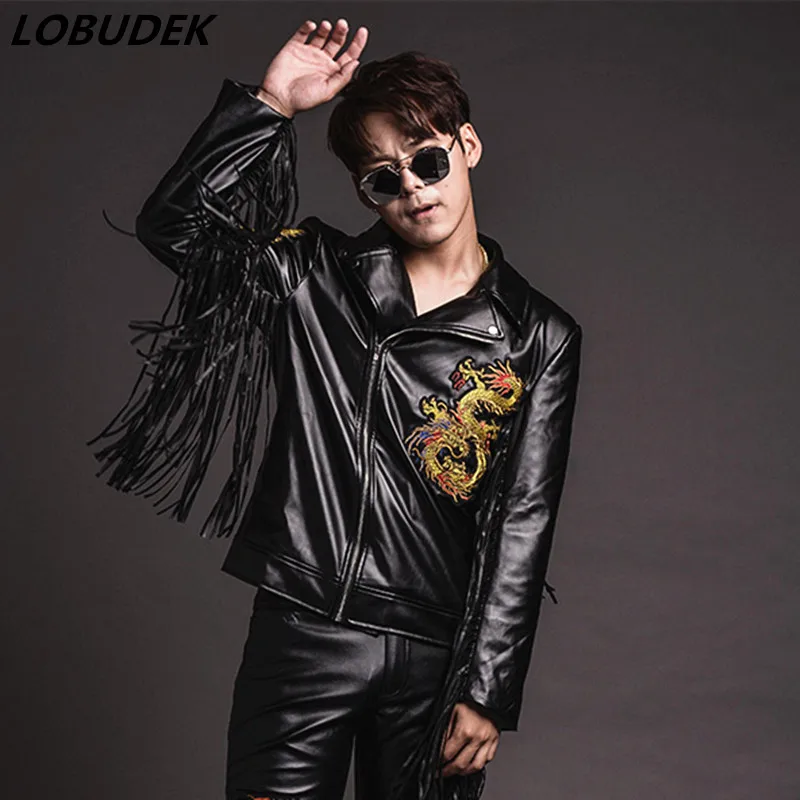 

PU Leather Male Suit Black Embroidery Tassel Jacket Coat Tide Men Nightclub Cool Singer Punk Rock Performance Outfit Costumes