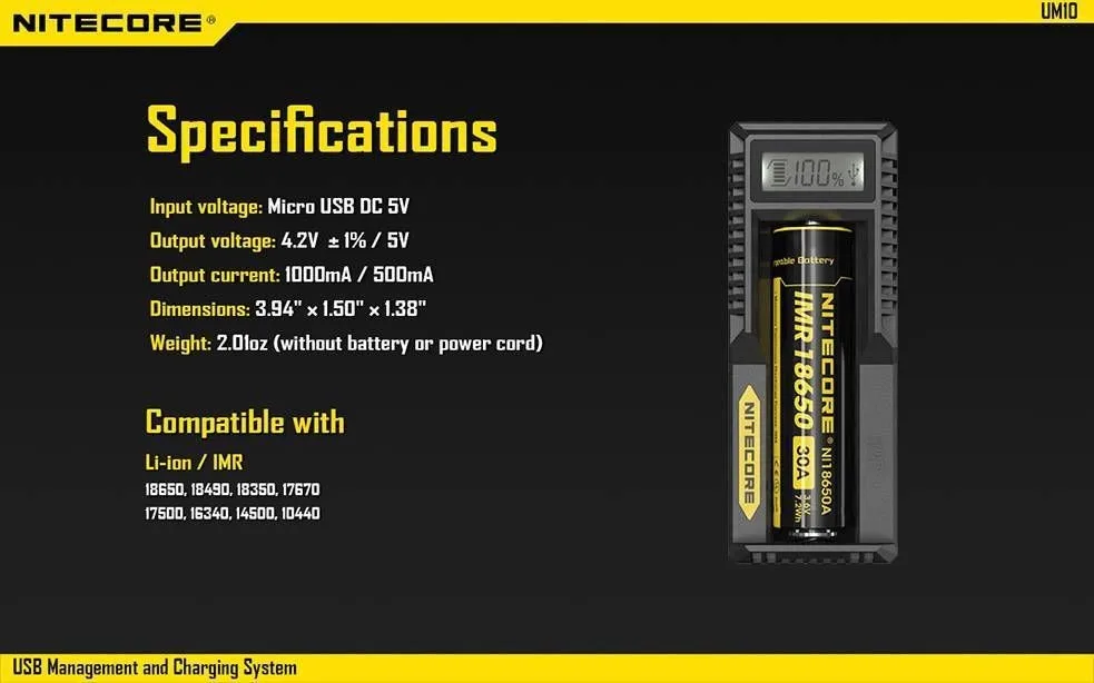 Nitecore UM10 цифровой Смарт USB Зарядное устройство 18650 17650 17670 RCR123A 16340 14500