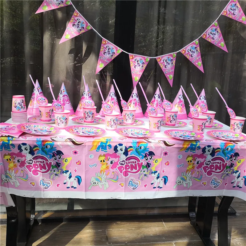 91pcs Little Horse Disposable Tableware sets TableCloth cups Paper