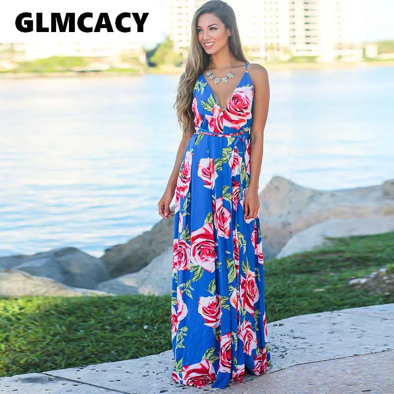 

Women Flora Printed Deep V-neck Spaghetti Strap Floor-Length Dress Bohemian Sleeveless Summer Casual Beach Dress