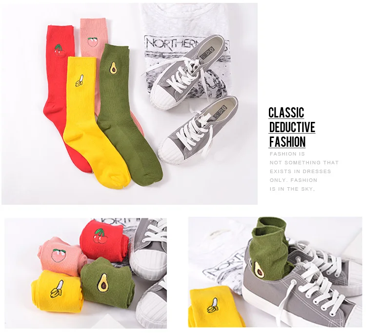 Новые корейские ворсовые носки с вышивкой в стиле ретро, Длинные Красивые хлопковые носки, удобные Носки с рисунком фруктов, банана, вишни, груши