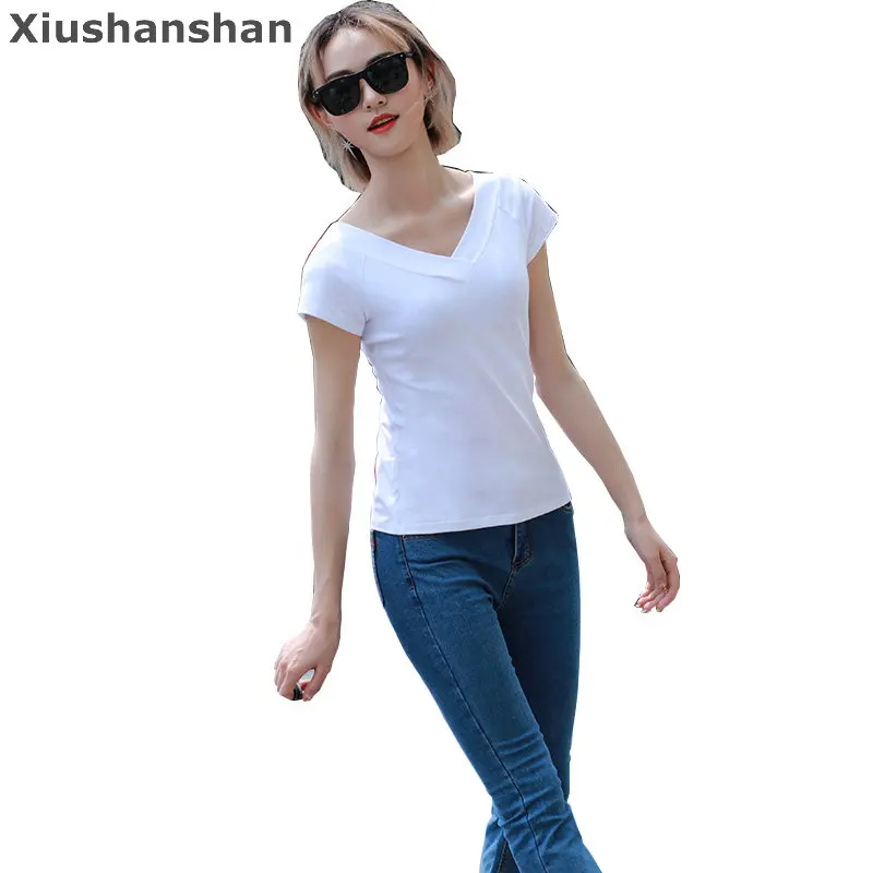 Xiushanshan Wholesale 2 PiecesLot Deep V T Shirt For Woman 8 Colors Solid S Xxl 95% Cotton Ladies Tops And Blouses 2018