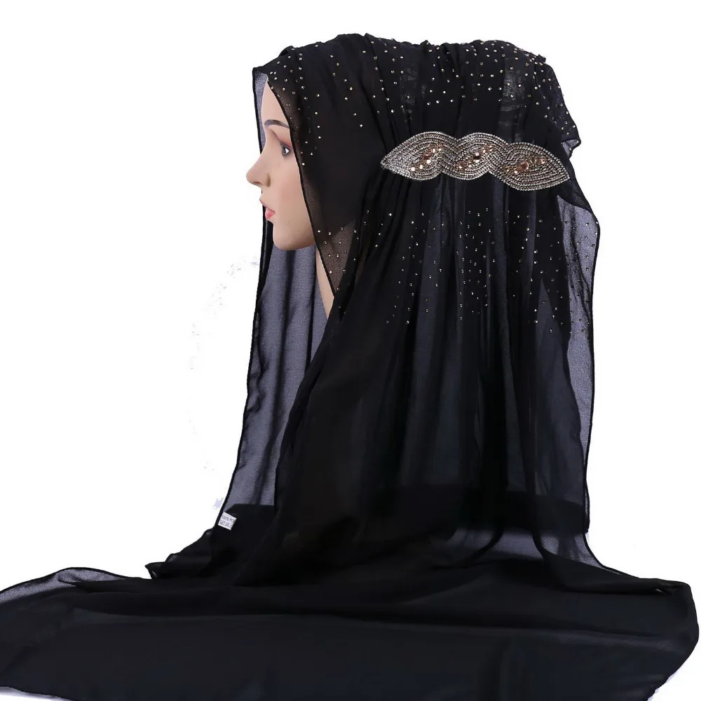 Модный изысканный сплошной цвет горный хрусталь хиджаб шифон народная шаль шарф повязка на голову мусульманский тюрбан 17 цветов