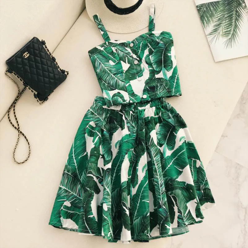 

NiceMix 2019 Retro Cherry Dot Print Crop Top Skirt 2pcs Clothing Sets Single Breasted Tank Top Elastic Waist A-line Skirt Suits