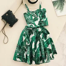 NiceMix 2019 Retro Cherry Dot Print Crop Top Skirt 2pcs Clothing Sets Single Breasted Tank Top Elastic Waist A-line Skirt Suits dot print ruffle crop top