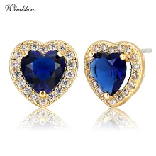 Yellow Gold Color Peach Heart Blue Paved CZ Stud Earrings for Women Luxury Jewelry Aros Oorbellen Orecchini