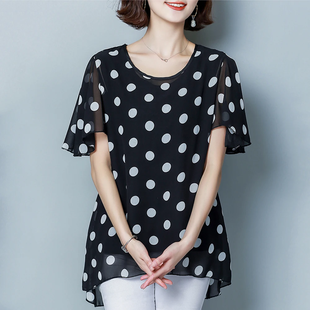 

Spring and summer new style Women's large size XL-5XL short sleeve blouses Temperament wave chiffon shirt