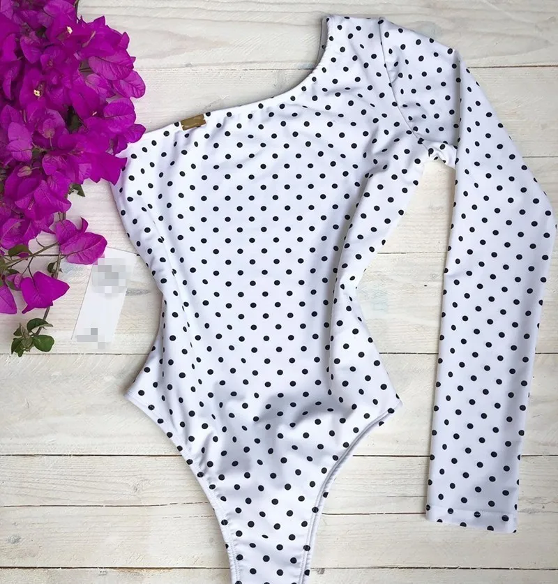 

Sexy Long Sleeve Bikini One Shoulder One Piece Swimsuit Female Bather Polka Dots Bathing Suit Swim Wear 2019 Women Swimwear