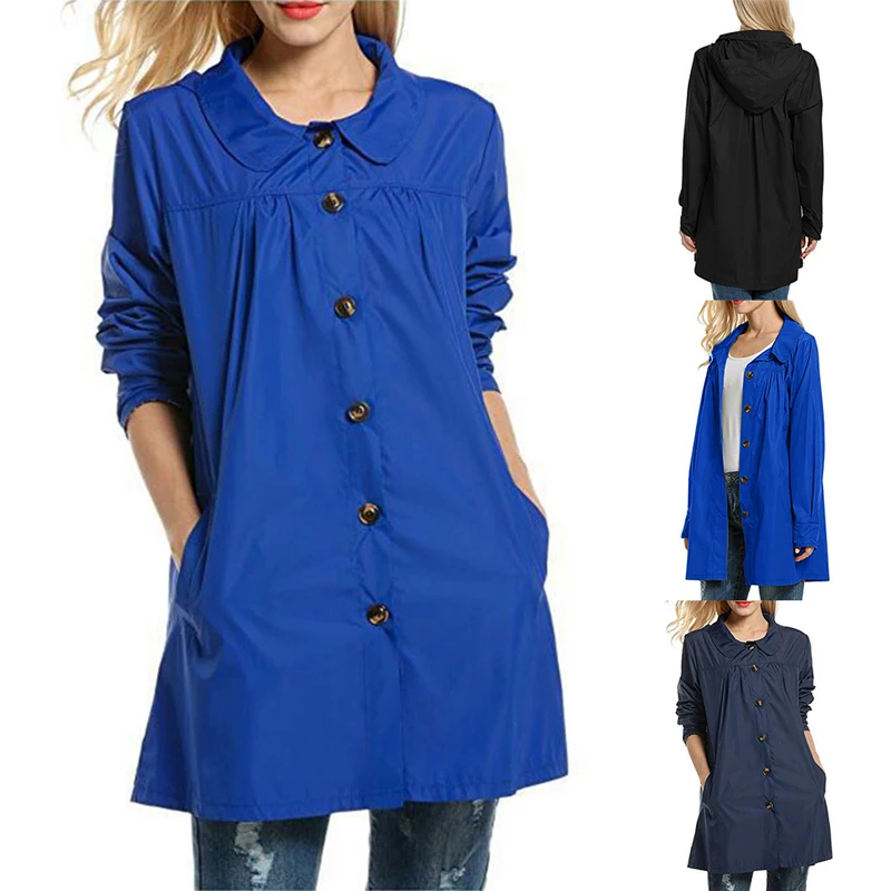 

Women Outdoor Jacket Solid Waterproof Coat 2019 Spring Autumn Windbreaker Female Long Button Coat chaqueta impermeable mujer