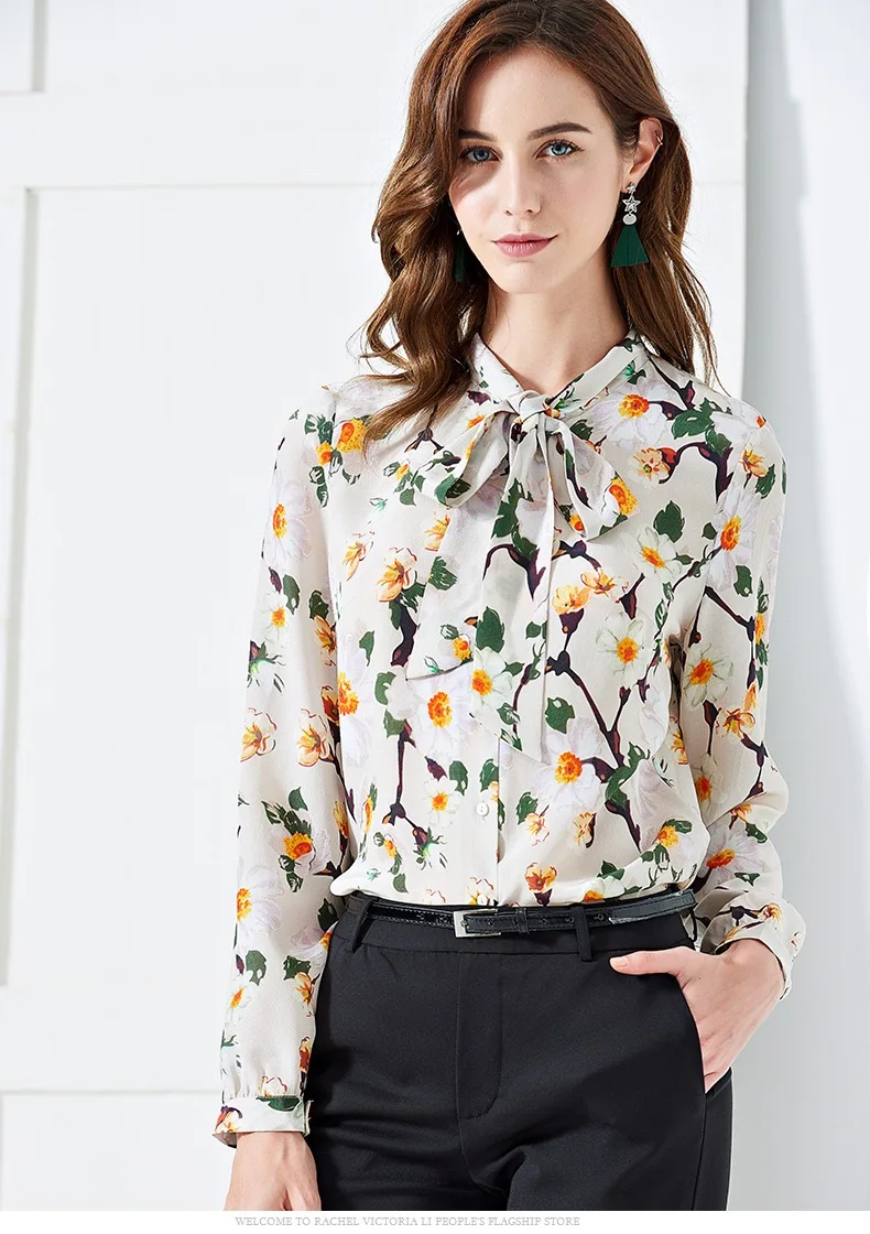 

2019 Spring Gloria&Grace Original Design Beige 100% Silk Elegant Flowers Floral Print Office Lady Loose Blouse Shirt Top XXL