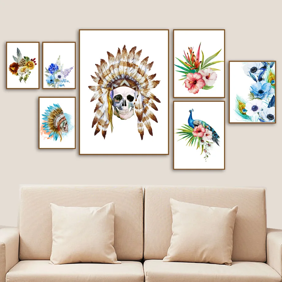 

Watercolor Native Skull Flower Peacock Wall Art Canvas Painting Nordic Poster And Print Wall Pictures For Living Room Home Decor