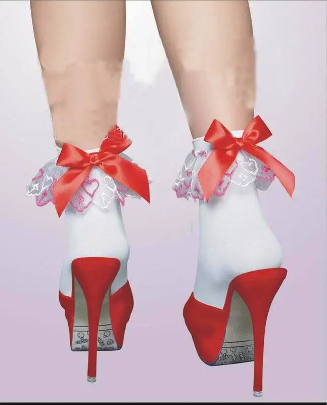 Модные женские носки до щиколотки с рюшами и вышивкой в виде сердечек; женские носки с бантом - Цвет: Красный