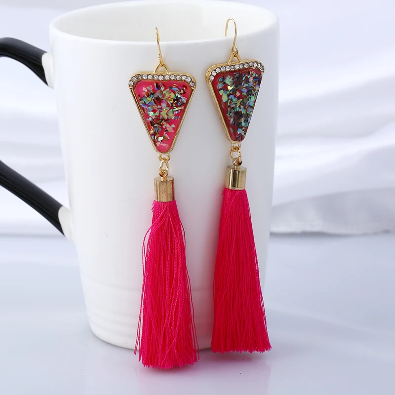 

Bohemia Colorfully Acrylic Triangle Fringe Earrings for Women Rhinestone Hanging Drops Tassel Earrings Bridal Wedding Jewelry