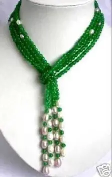 

Hot sale Free Shipping>>6mm Green stone + White Pearl scarf form necklace 50"