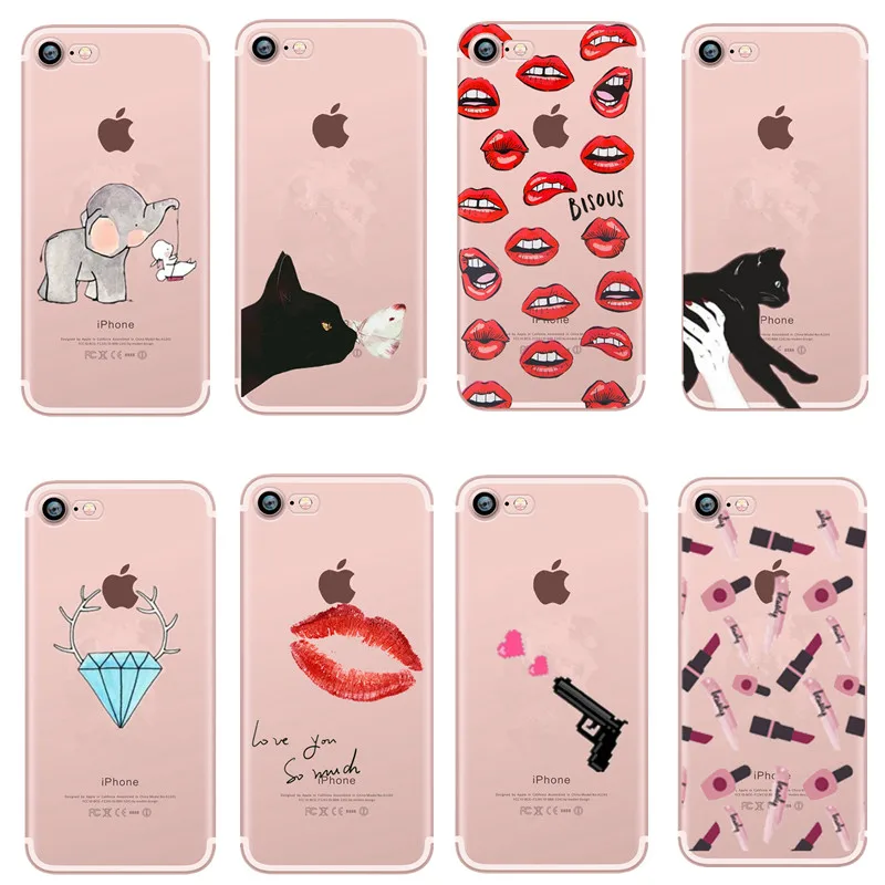 

Silicone Case For iphone 7 8 plus X Fashion Pattern Cat Lips Kiss Diamond Gun Protective Shell for iphone 6 6s 5 se Accessories