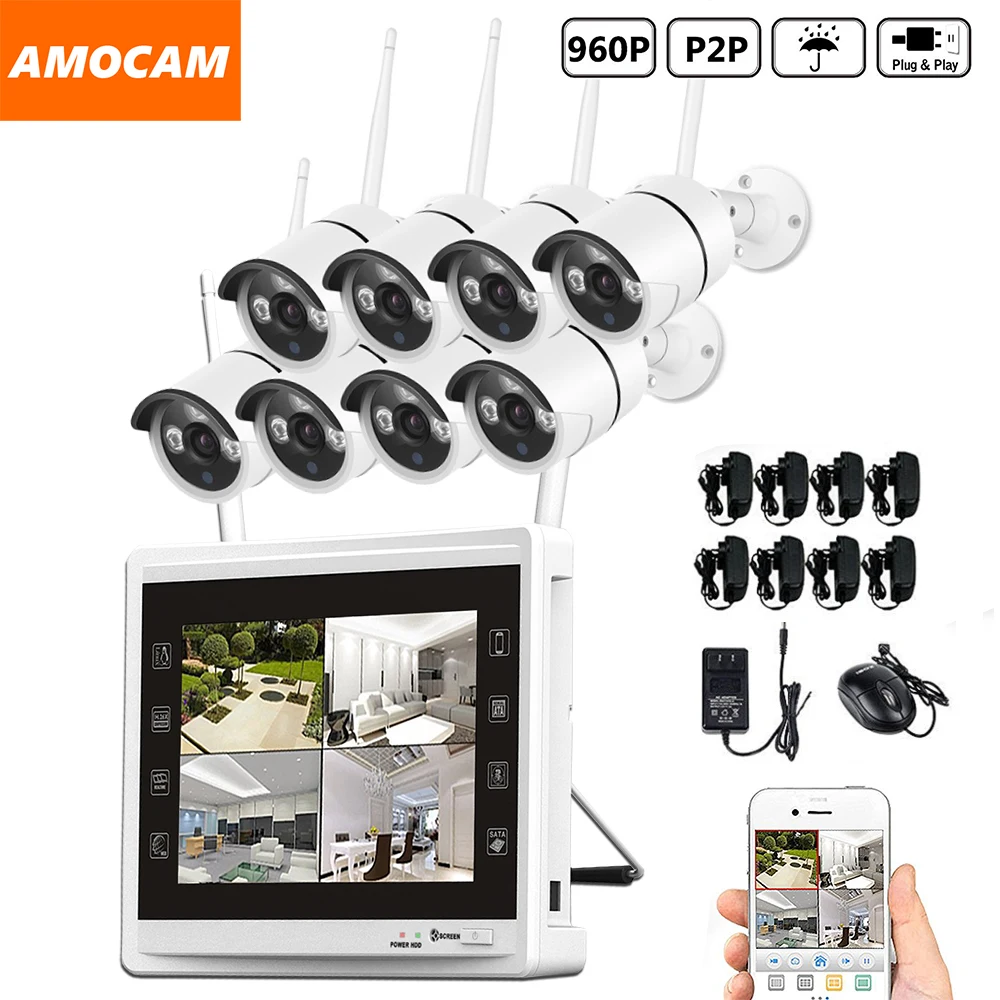 

8CH 960P Wireless WIFI Security Camera System 8pcs 1.3MP WIFI Bullet IP Cameras 8channel 960P NVR with 11 inch HD Monitor Record