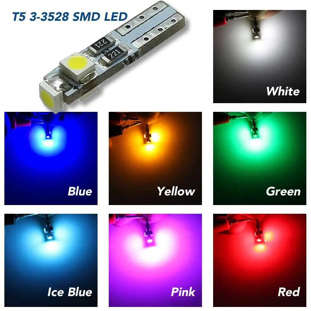 

10Pcs 3528 3SMD T5 Car Auto LED Wedge LED Light Bulb Auto Signal Lamp Dash Board Instrument Lights Warm White Red Yellow