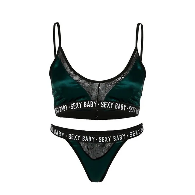 dark green Сексуальная атласная Женская пижама с кружевом Bralette& Brief наборы женское нижнее белье сексуальное детское нижнее белье с буквенным принтом нижнее белье бюстгальтер трусики набор плюс размер бюстгальтер - Цвет: dark green
