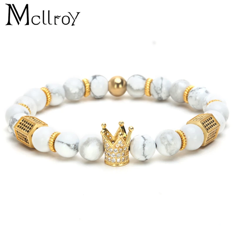 Mcllroy Bracelets Charms 8mm Natural Stone Bracelets Men Micro Inlay Zircon Black Gun Crown&Matt Onyx Charm Bracelet Women gifts