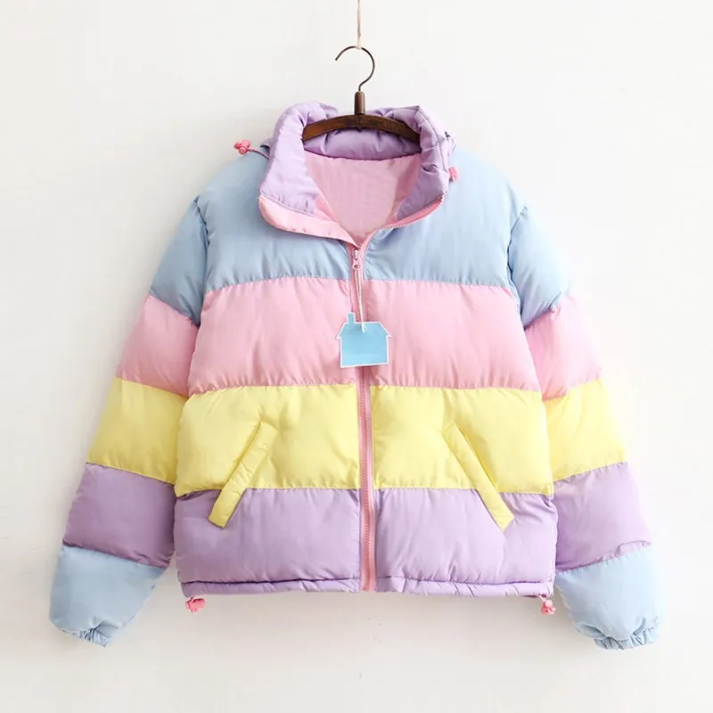 

Women Coat Oversized Harajuku Parkas Short Padded Warm Jacket Striped Winter Clothing Rainbow Stripe Splicing Fluffy Parka