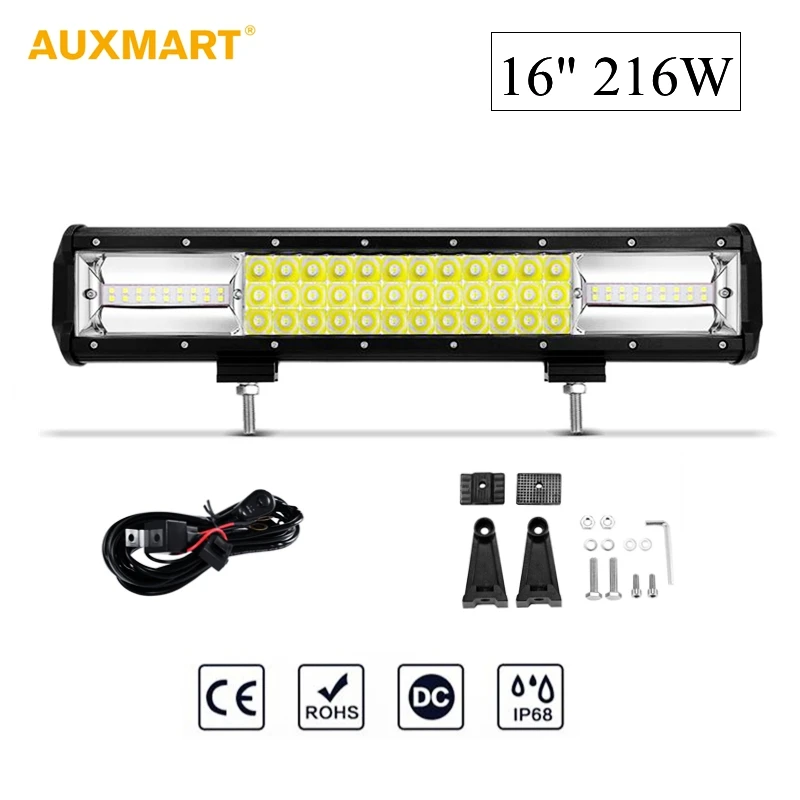 

Auxmart 16" 216W LED Work Light Bar 3 Row Combo Spot Flood Lamp 12V 24V Offroad LED Car Lights for Truck Off-Road Vehicles-ATV