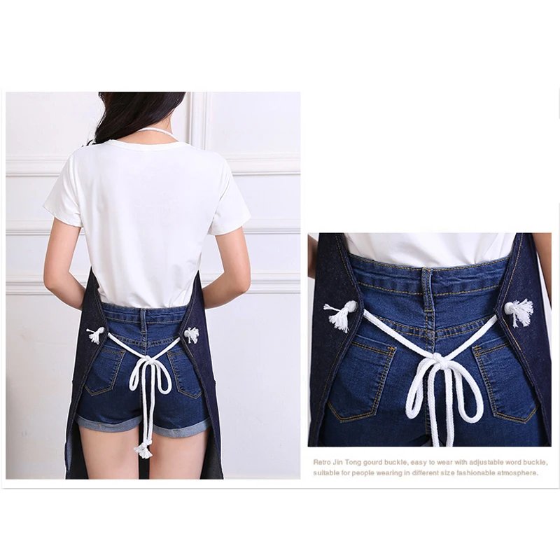 Korean Women Men cotton Denim Apron Hotel Cafe Baking Restaurant Bar Beautician Chef Kitchen Cooking Apron With Pockets
