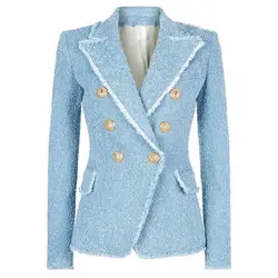 Новый модный синий Блейзер Куртка женская кисточка бахрома Металл Лев пуговицы двубортный твидовый пиджак пальто