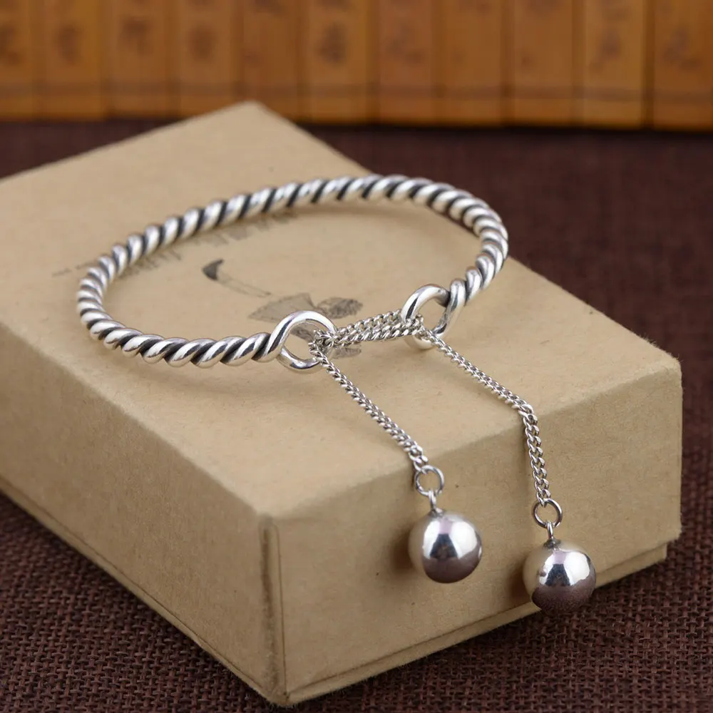 925 Silver Ball Bangle Fashion Simple Vintage Adjustable Size Diameter