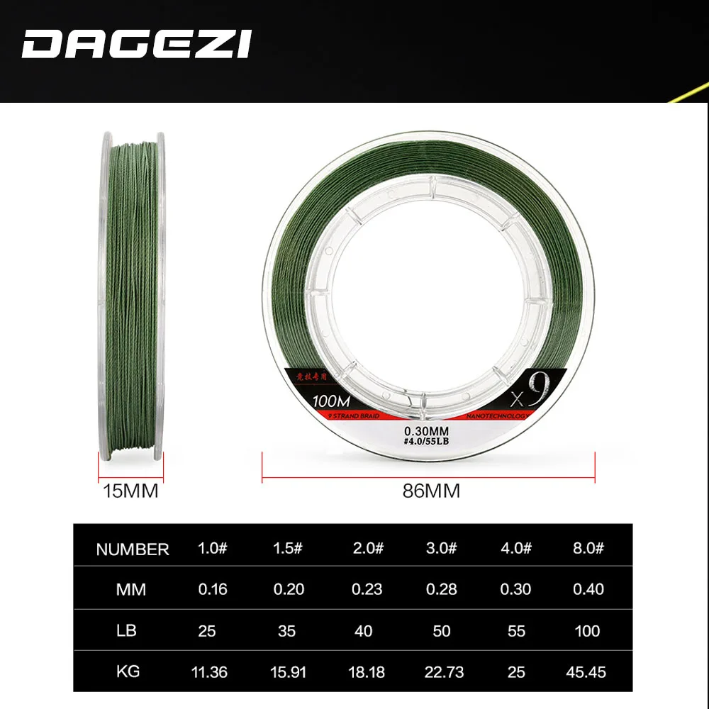 DAGEZI 9 ستراند صنارة صيد بولي ايثيلين مجدول 25-100LB 100 M المتعددة الشعيرات خيط صنارة الصيد s للمياه العذبة و المياه المالحة الصيد