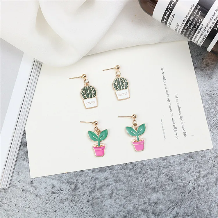 

New Ins Style Fashion Enamel Potted Cactus flower stud earrings Metal Unique Party Jewelry Best Friend Cactus Earrings nice gift