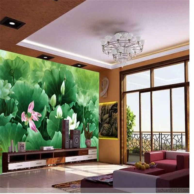 

3d stereoscopic Large mural Retro wallpaper TV background living room bedroom lotus painting green leaf papel de parede