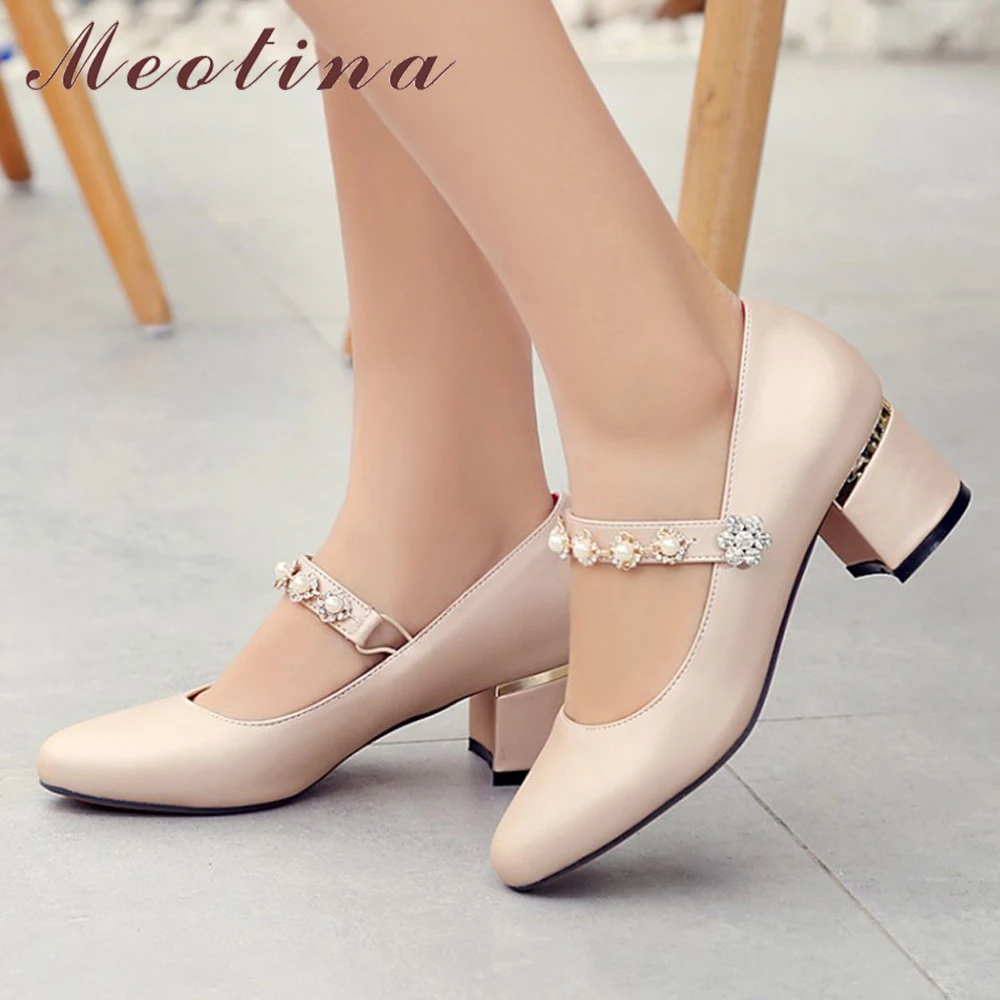 

Meotina High Heels Mary Janes Shoes Women Rhinestone Square Heels Pumps Sweet Round Toe Bridal Shoes Female Red Plus Size 33-46