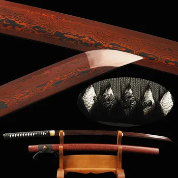 

Handmade Japanese Katana Damascus Folded Steel Practical Samurai Sword Red Blade Full Tang Knife Vintage Home Metal Decoration