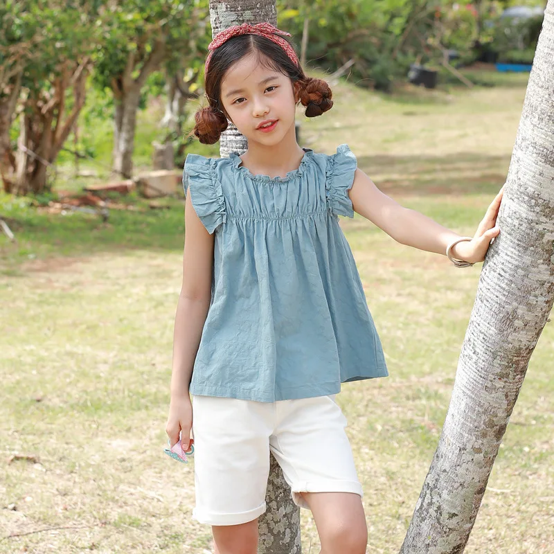 

2019 Summer New Girl T-shirts Blue Cotton O-neck Sleeveless Wodden Ear T-shirt Fille Fashion Cute Big Girls Party Casual T Shirt