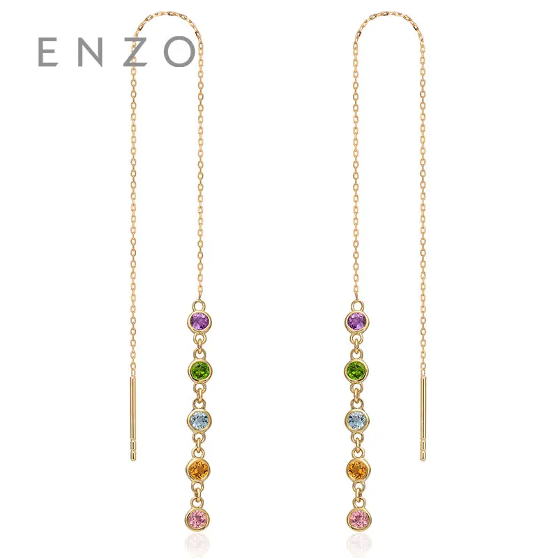 

ENZO Natural Gemstone Citrine/Tourmaline/Amethyst/Topaz/Diopside10PC 0.65CT Earrings 9K Yellow Gold Fashion Ear Line for women