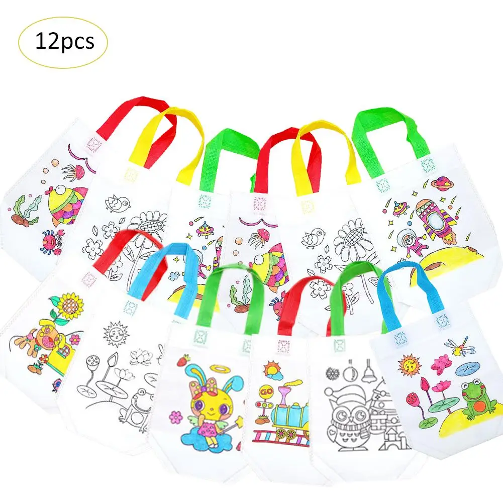 

12PCS DIY Graffiti Handbag Kids Cloth Painting Bags Picture Coloring Drawing Toy Children Educational Craft Toy Non-woven Bag