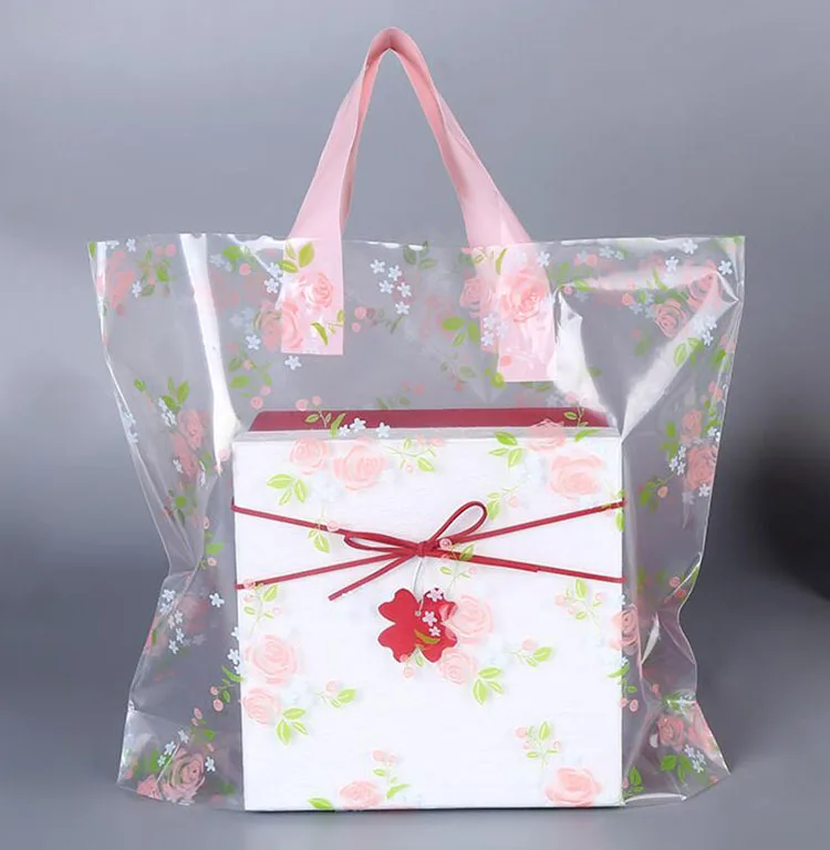 50 шт. красивый прозрачный розовый пластиковый подарочный пакет с ручкой, плотная одежда Обувь для покупок сумка для хранения
