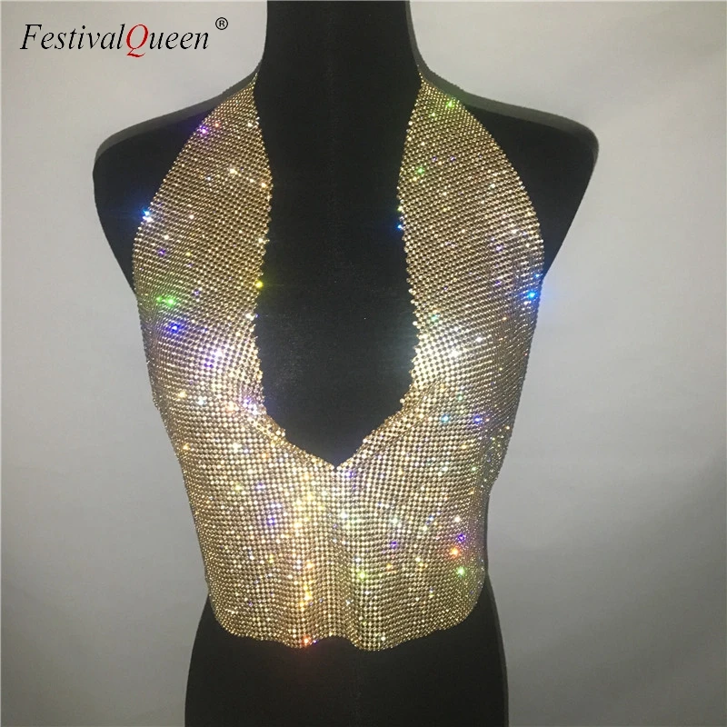 FestivalQueen lady rhinestone party backless tops sexy women summer glitter crystal diamonds crop top beach nightclub