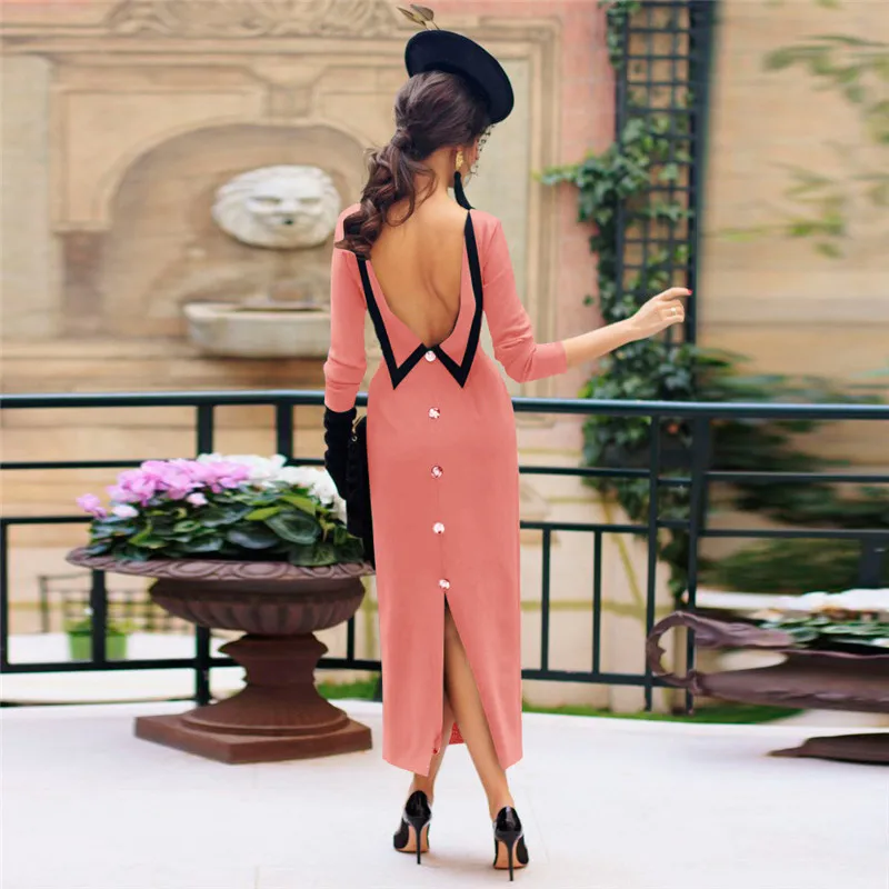 Большие размеры женское осеннее сексуальное старинный карандаш с открытой спиной Модное Элегантное макси платье - Цвет: Розовый