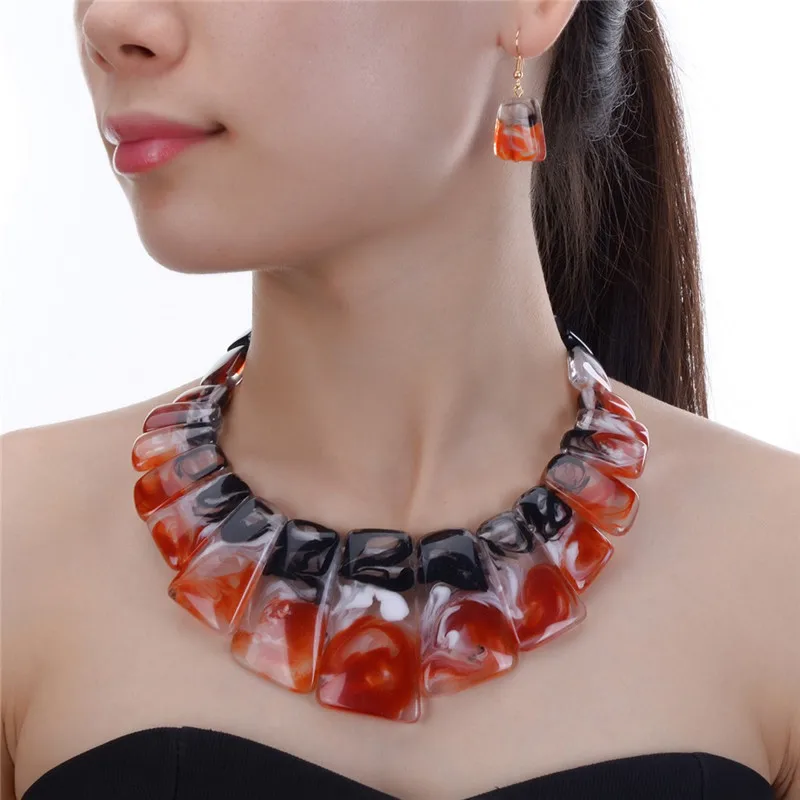 

JEROLLIN Jewelry 4 Colors Bridal Wedding Fashion African Beads Jewelry Set Resin Beads Choker Necklace Earrings Sets for Women