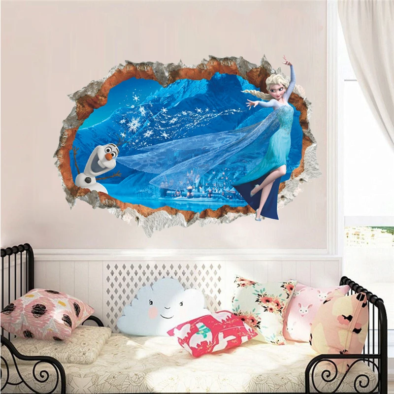 

Cartoon Olaf & Elsa Princess Broken Hole 3d Wall Stickers For Home Decoration Frozen Anime Movie Mural Art Kids Room Wall Decals