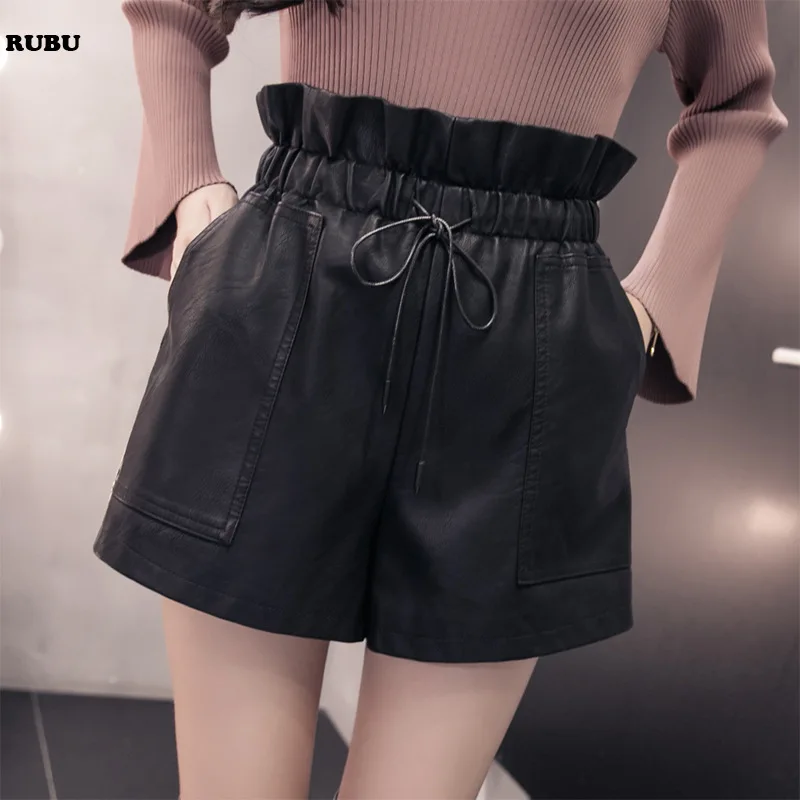 

2017 new AUTUMN winter loose SHORTA word bud leather shorts female waist drawstring leather casual baggy shorts