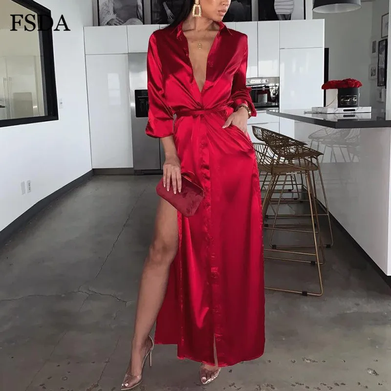 

FSDA Deep V Neck Pockets Midi Dress Side Slit Sashes Lace Up Bow Sexy Long Sleeve Women Dresses
