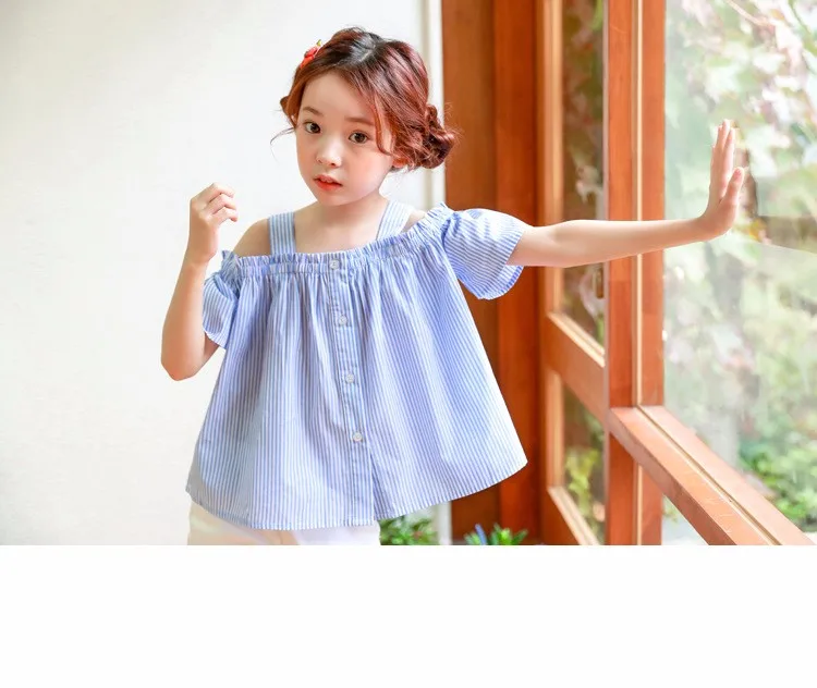 blue striped baby teenage girls shirts princess off shoulder loose cute teenage shirts Korean style spring summer autumn tops (26)