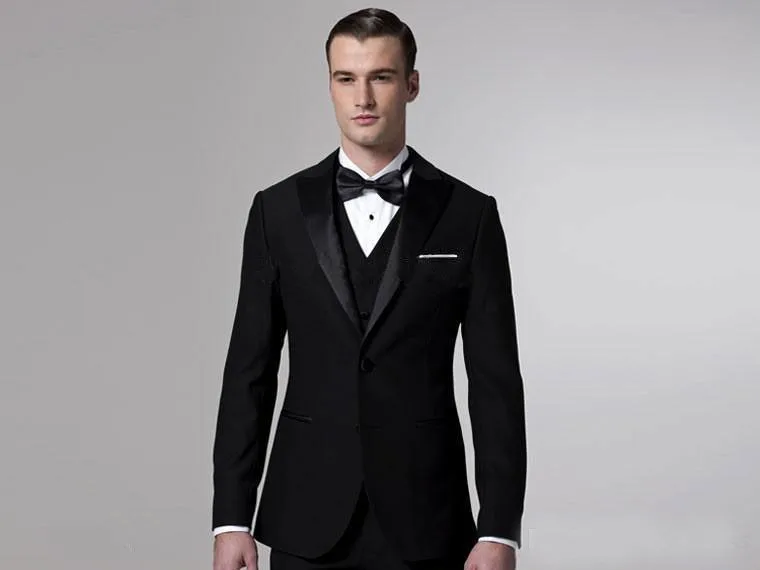 Черный смокинг для жениха Для мужчин Нарядные Костюмы для свадьбы пиджаки Жених Костюмы Пром Костюмы две кнопки на заказ (куртка + брюки +