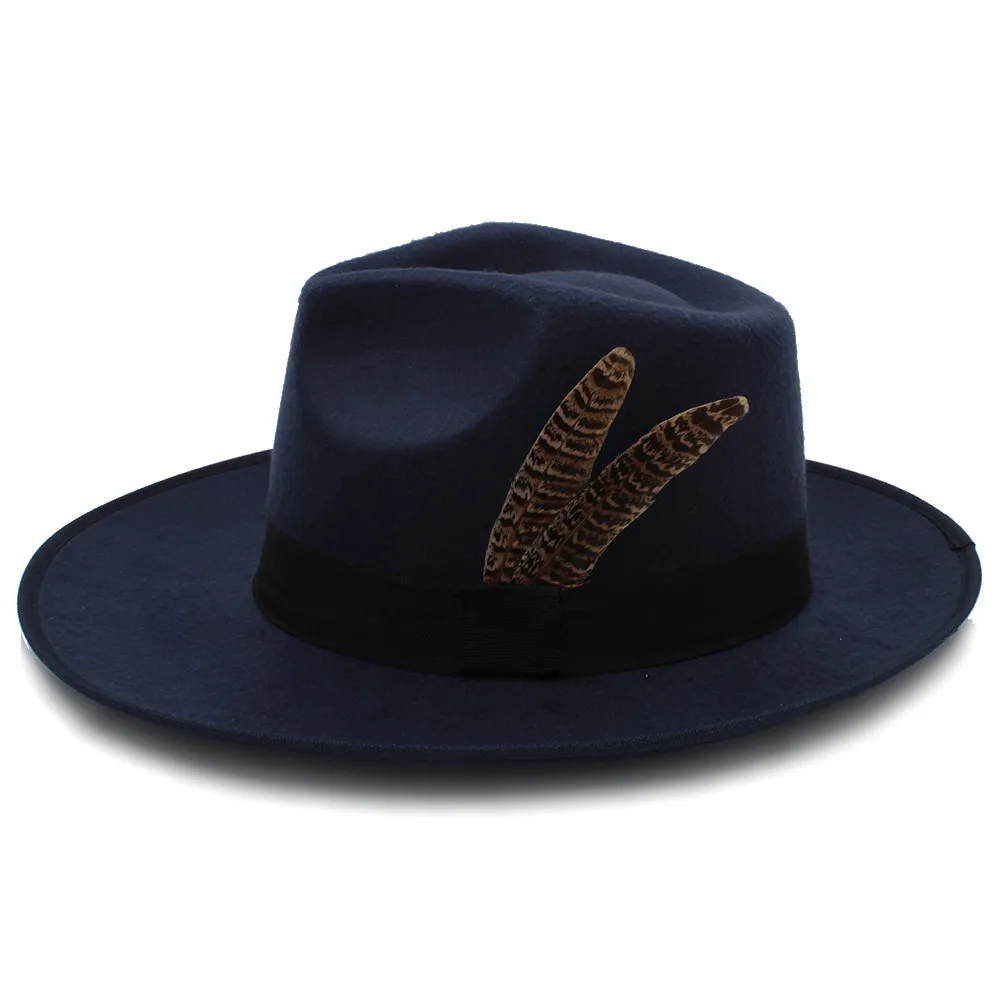 Модная мужская фетровая Вуалетка Fedora Шляпа на зиму осень широкий джазования с полями шляпа джентльмена Sombrero Панама шляпа перо размер 58 - Цвет: Dark Blue