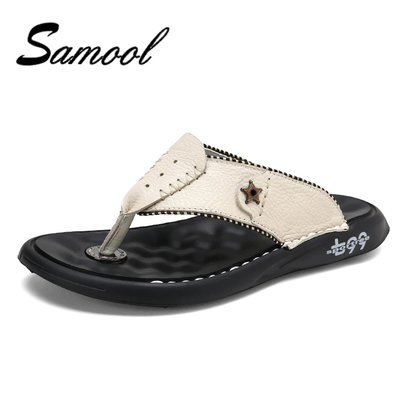 Buy Luxury Brand 2018 New Men's Flip Flops Genuine Leather Slippers Summer Male