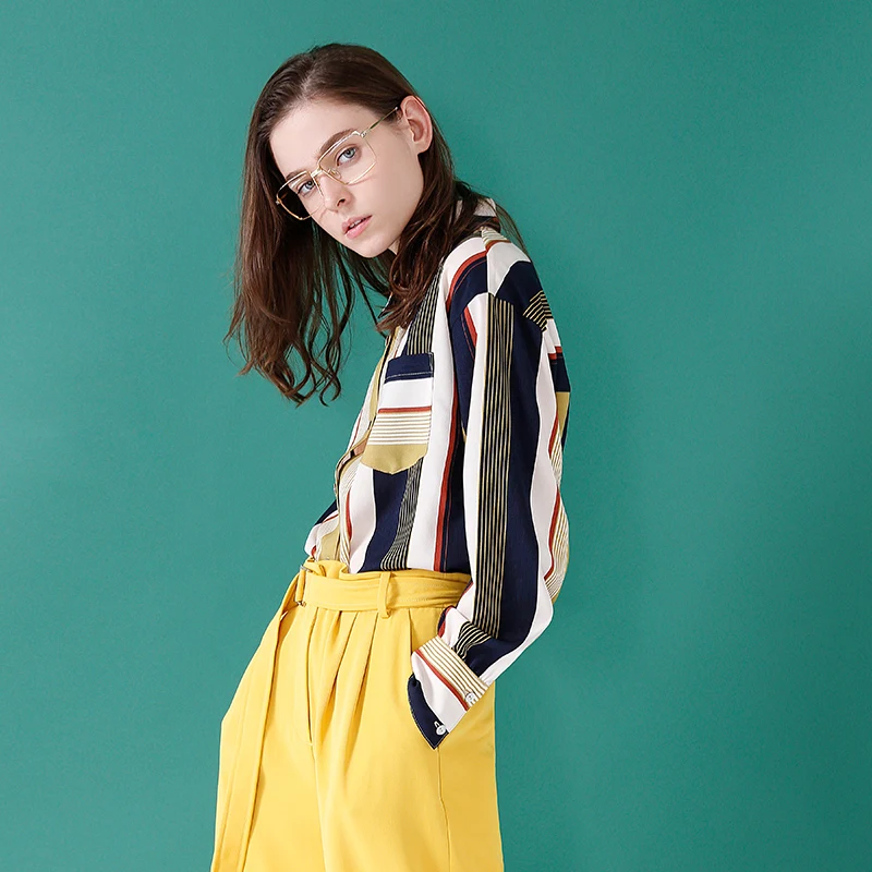 Kopen Toyouth Hit Kleur Vrouwen Werkkleding Chiffon Shirts Casual Turn Down Kraag Lange Mouw Blouses Losse Gestreepte Shirts